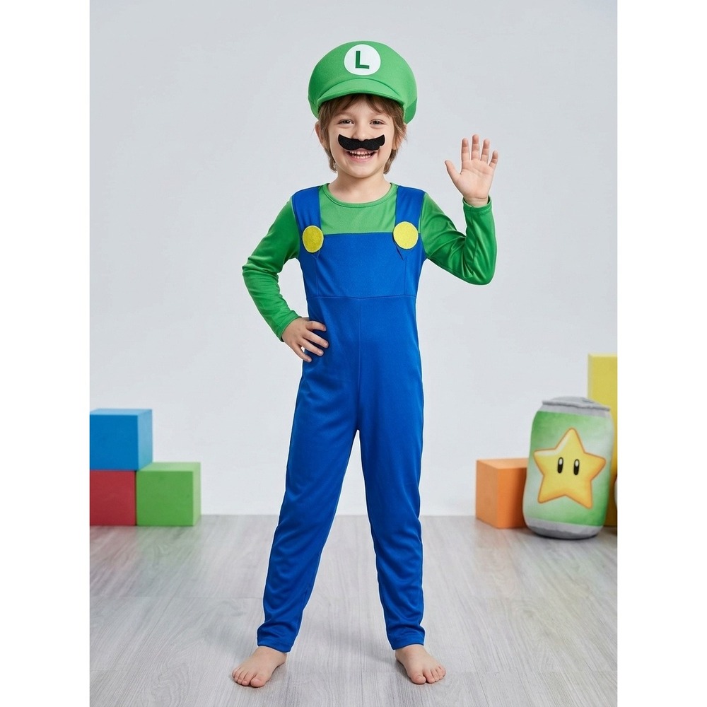 Luigi Costume Kids Boy Super Mario Jumpsuit Hat moustache Halloween Cosplay M
